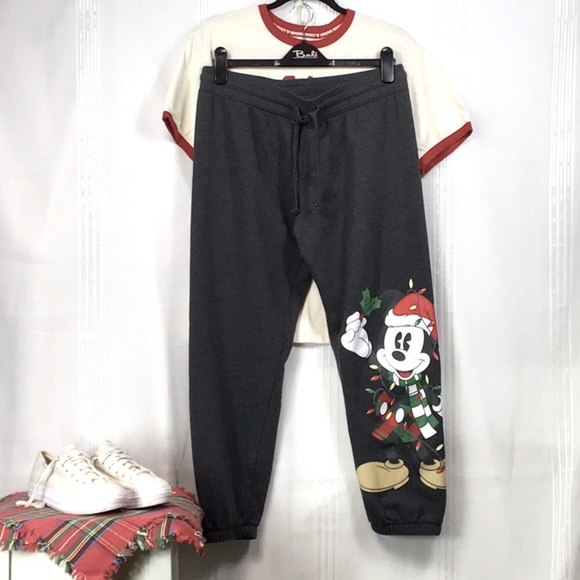 Disney Pants - 🎄MICKEY MOUSE Christmas Dark Grey Drawstring Waist Elastic Ankle Fleece Joggers